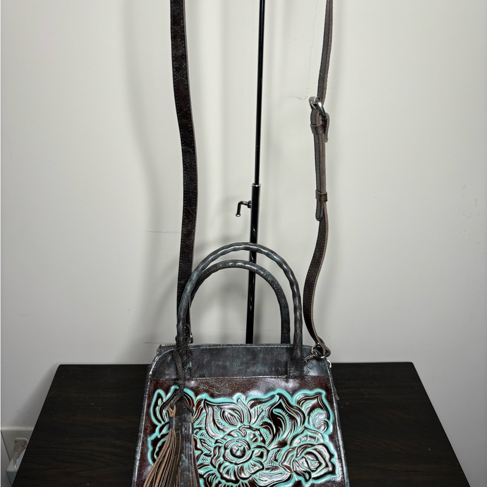 Patricia Nash Floral Embossed Women Bag Brown and Turquoise with Crossbody strap - Picture 3 of 9